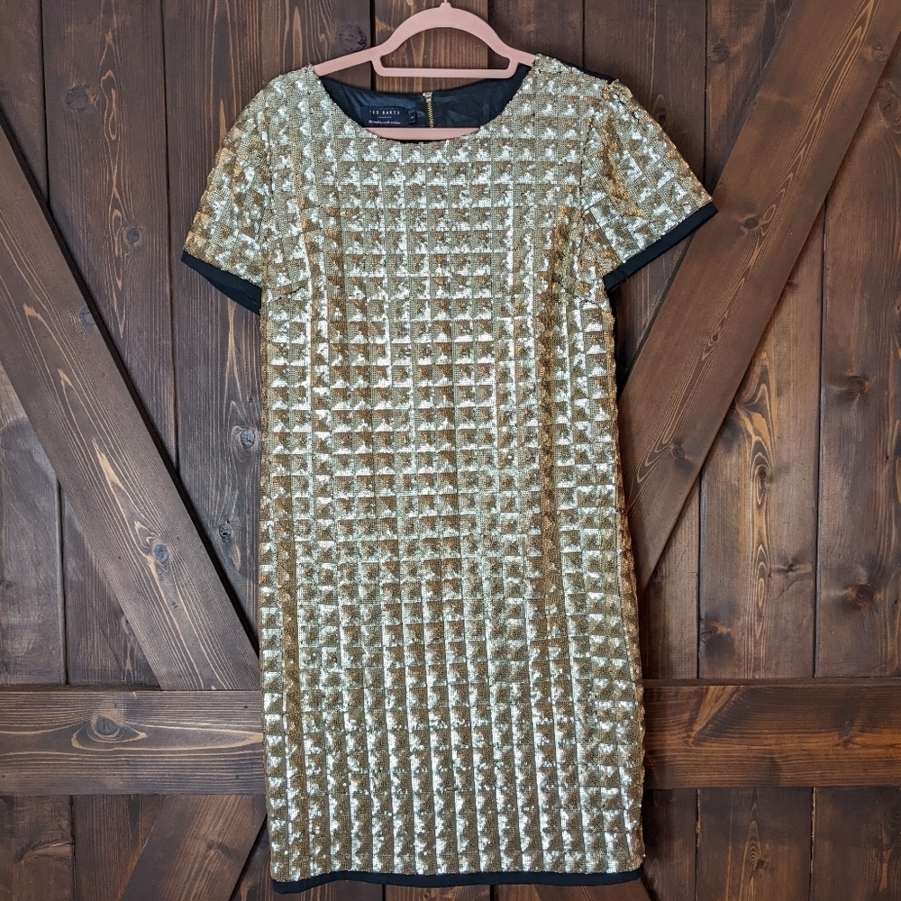 Ted Baker London Tabie, short sleeved gold sequined dress size 8